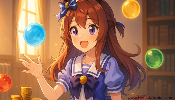 Anime girl collecting glowing chakra rewards and coins during Uma Musume chakra choices