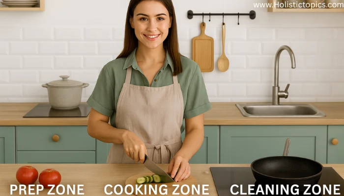 Healthy kitchen zones with a woman preparing food in the prep zone, cooking zone, and cleaning zone setup.