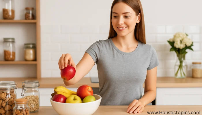 healthy kitchen tips with a woman placing fresh fruits in a bowl for better visibility and healthy eating habits.
