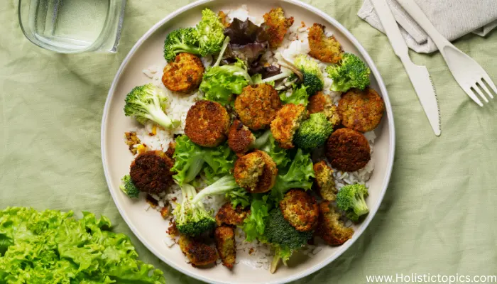 Plant based meal bowl showing the benefits of plant based diet for athletes with greens, broccoli, and falafel.