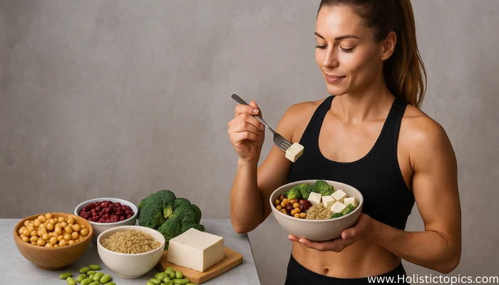 Female athlete eating plant based protein foods showing the benefits of plant based diet for athletes.