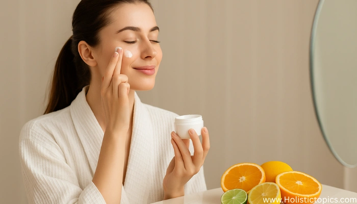 Young woman applying natural skincare after eating vitamin C rich fruits highlighting the benefits of plant based diet on skin