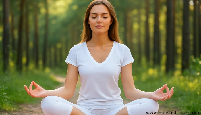 woman meditating outdoors to support the practice of 6 essential yoga poses.