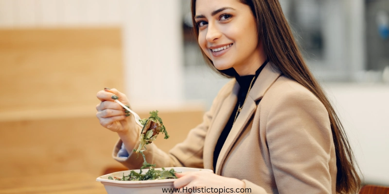 gorgeous woman enjoying a plant based meal showing the benefits of plant based diet on skin