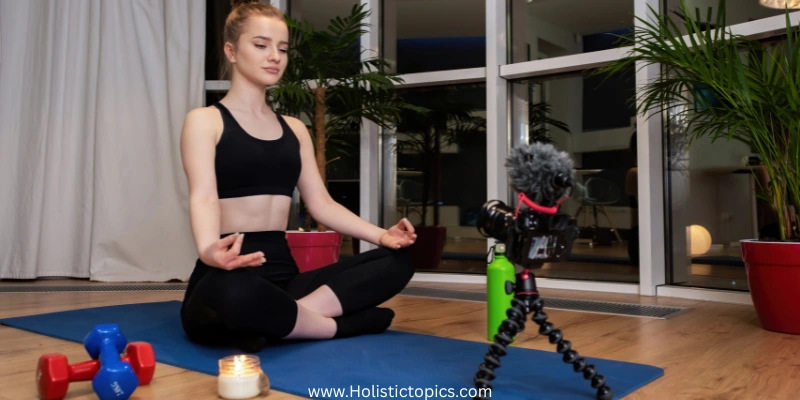 beginner yoga for stress relief practice with a woman meditating in a calm indoor setting