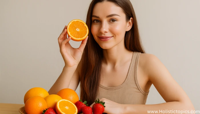 woman showing an orange and strawberries to highlight the benefits of plant based diet on skin