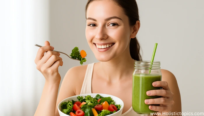 young woman with clear skin eating fresh vegetables showing the benefits of plant based diet on skin
