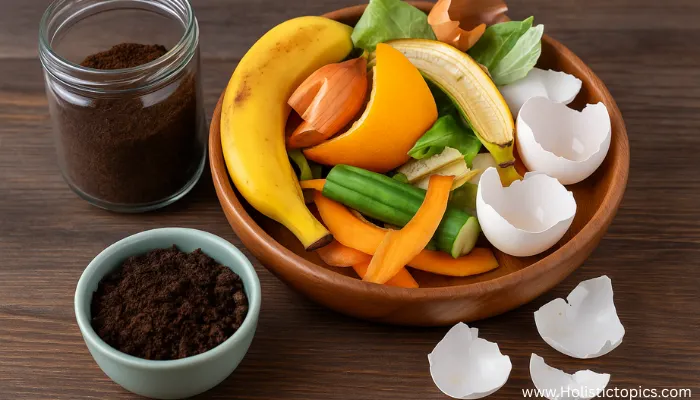 A bowl of banana peels, eggshells, vegetable scraps, and coffee grounds displayed as natural ingredients used to make DIY organic plant food