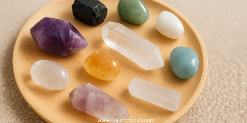 crystals for energy cleansing for beginners arranged on a wooden plate for aura cleansing