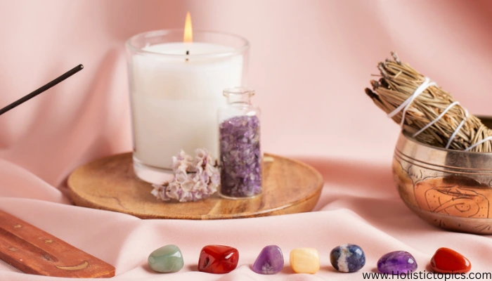 crystals for energy cleansing for beginners with candle, incense, and sage for aura cleansing