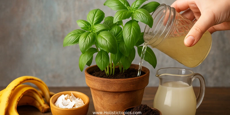 A potted basil plant being watered with homemade fertilizer made from banana peels, eggshells, and coffee grounds showing DIY organic plant food in use
