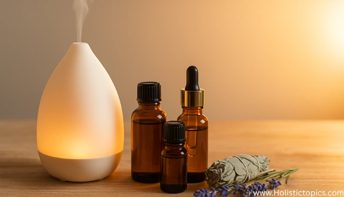 A warm diffuser setup with essential oils for energy cleansing placed beside sage and lavender on a wooden surface