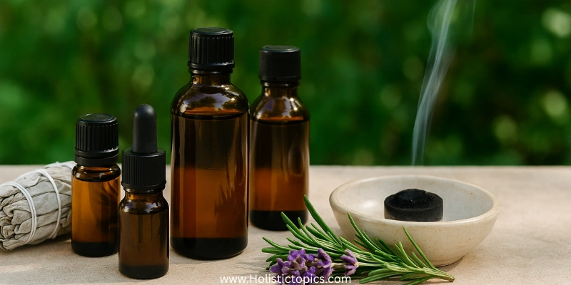 AEssential oils for energy cleansing displayed with sage, lavender, and herbs in a bright natural outdoor setting