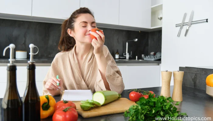 woman enjoying fresh vegetables showing the benefits of plant based diet on skin