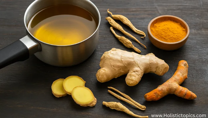 Fresh ginger, dried ginseng roots, turmeric, and a pot of herbal infusion showing how to brew Asian herbal tea using whole roots and spices