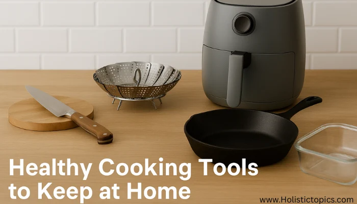 healthy cooking tips with essential healthy cooking tools arranged on a modern countertop.