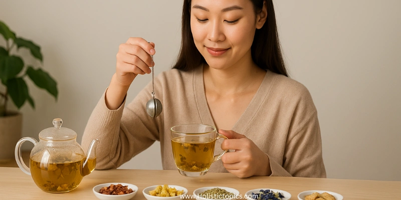 A woman preparing herbal tea at a table, showing how to brew Asian herbal tea in a simple and natural way