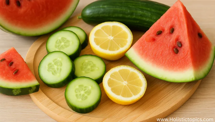 Water-rich fruits like watermelon and cucumber supporting hydration and the benefits of plant based diet on skin