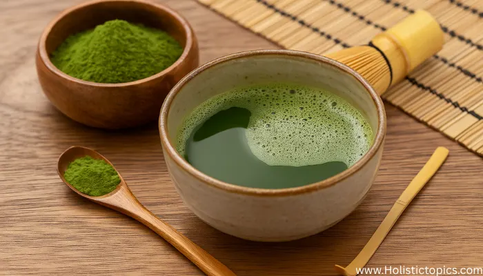 Matcha and herbal tea powders with a whisk and ceramic bowl showing how to brew Asian herbal tea using powdered teas