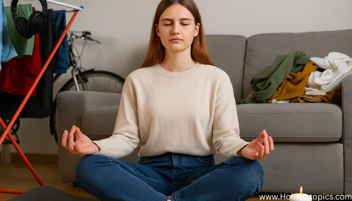 Beginner woman meditating in a distracting environment showing common meditation mistakes caused by noise and clutter