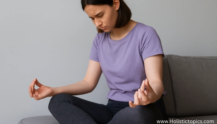 Beginner woman meditating with poor posture showing common meditation mistakes related to comfort