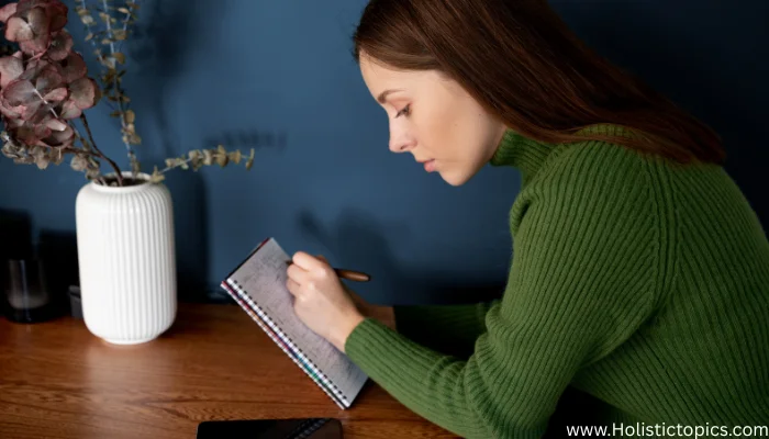 “A woman quietly writing affirmations in her journal as part of morning manifestation rituals for beginners, creating a calm and focused start to the day.”