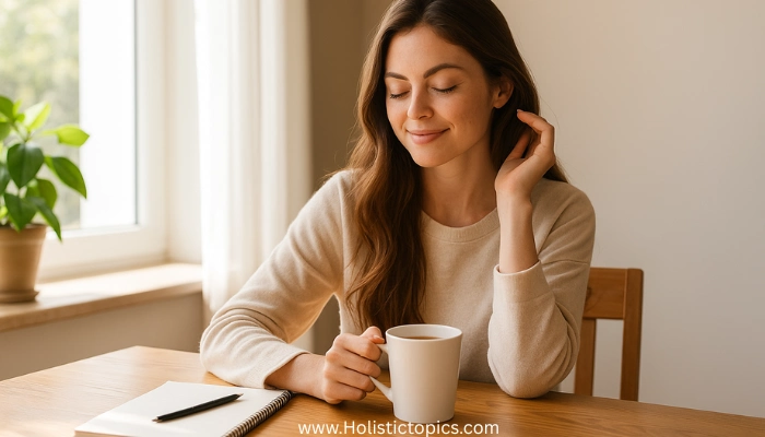 beautiful woman enjoying a calm morning coffee moment as part of morning manifestation rituals for beginners