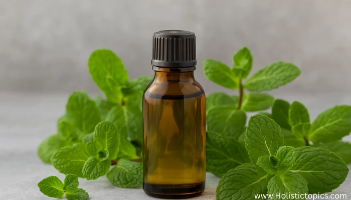Amber bottle of peppermint essential oil surrounded by fresh mint leaves, supporting essential oils for energy cleansing and refreshing morning rituals