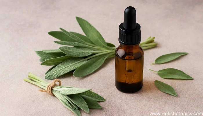 Sage essential oil bottle with fresh sage leaves displayed on a neutral surface, supporting essential oils for energy cleansing rituals
