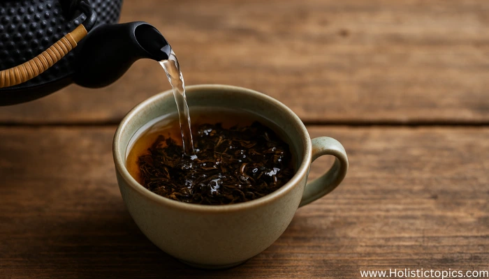 Hot water being poured from a teapot into a cup of loose tea leaves showing how to brew Asian herbal tea