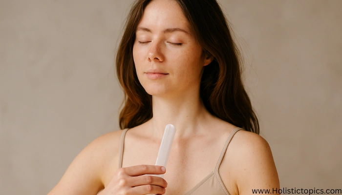 woman using a selenite wand on her chest showing how to cleanse negative energy in a simple crystals for energy cleansing for beginners practice