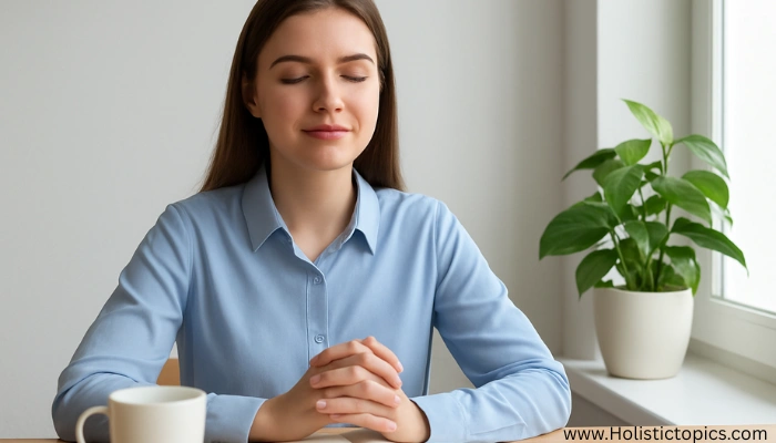 A calm woman sitting by a window with her journal, preparing her intentions as part of morning manifestation rituals for beginners.