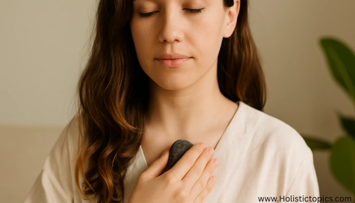 woman holding a crystal on her chest for crystals for energy cleansing for beginners during negative energy cleansing practice