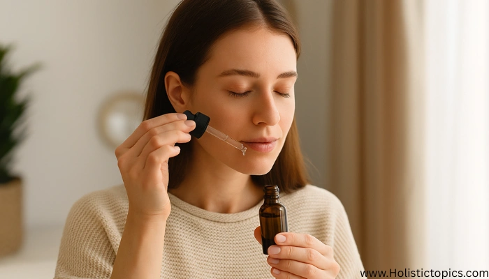 Woman gently using essential oils for energy cleansing while holding an amber bottle and inhaling the aroma to release negative energy