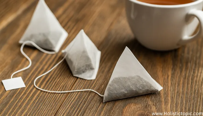 Pyramid-shaped herbal tea bags placed on a wooden surface beside a cup of brewed tea showing how to brew Asian herbal tea