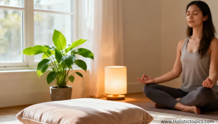 Woman meditating in a peaceful home space with a fresh plant, soft lamp, and cushion near a sunny window