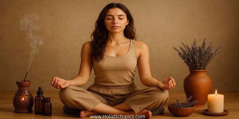 woman meditating with incense, essential oils, lavender and candle in a calm aromatherapy setup for relaxation and wellness.