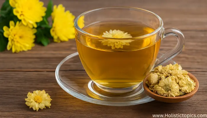 chrysanthemum tea in a clear glass cup with dried yellow flowers on wooden background