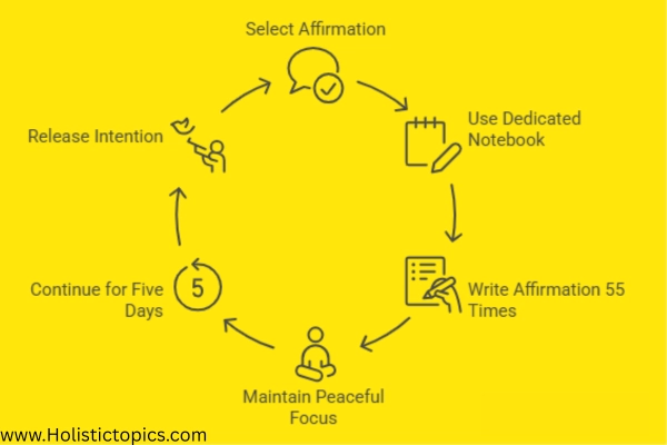 “Visual diagram of the 55x5 manifestation method step by step, showing how to choose an affirmation, write it 55 times for five days, stay focused, and release the intention.”