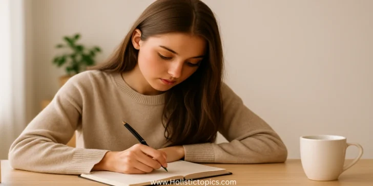 “Beautiful girl journaling affirmations for the 55x5 manifestation method step by step in a calm morning setting.”