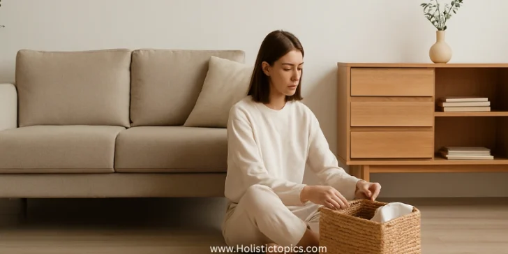 Woman organizing a basket in a clean minimalist living room showing how to start a minimalist lifestyle in a calm and simple space.