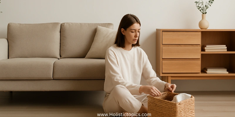 Woman organizing a basket in a clean minimalist living room showing how to start a minimalist lifestyle in a calm and simple space.