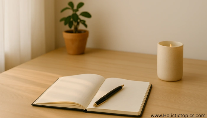 “Minimalist workspace with open journal and pen for the 55x5 manifestation method step by step.”