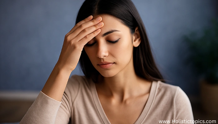 Thoughtful woman touching her forehead, showing signs of Ajna chakra imbalance such as stress and mental fatigue.