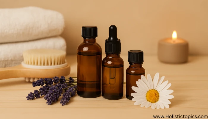 Essential oils, lavender, and spa tools arranged for aromatherapy massage treatment.
