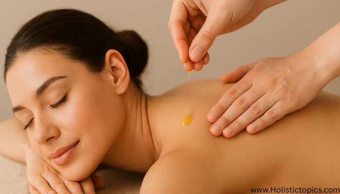 Beautiful woman receiving aromatherapy massage with essential oil applied to her back, promoting relaxation and wellness.