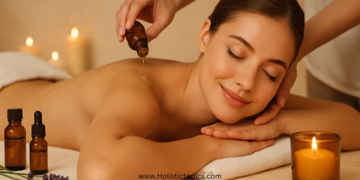 Woman enjoying a relaxing aromatherapy massage with essential oils and candlelight in a spa setting.