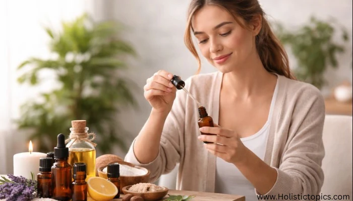 Aromatherapy safety tips for beginners showing a woman carefully using essential oils at home