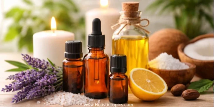 Aromatherapy safety tips showing essential oils, carrier oils, and natural ingredients arranged for safe home use