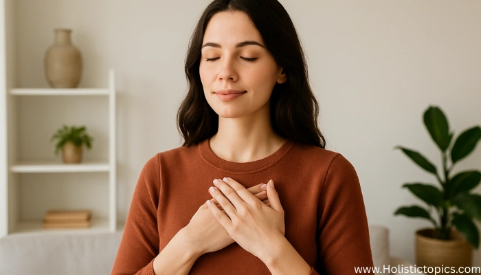 A calm and beautiful young woman in a minimalist living room with soft natural light, representing peace and mental clarity, showing the benefits of how to start a minimalist lifestyle.